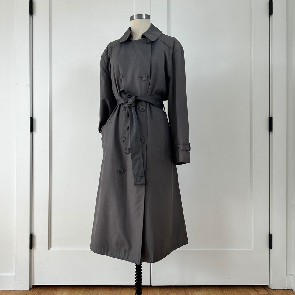 Vintage 90s Misty Harbor Charcoal Gray Trench Coat Belted Oversized 16 Petite